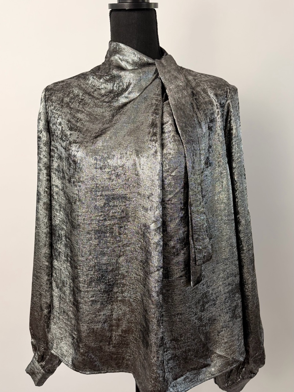 Arlo Metallic Silver Tie-Neck Blouse